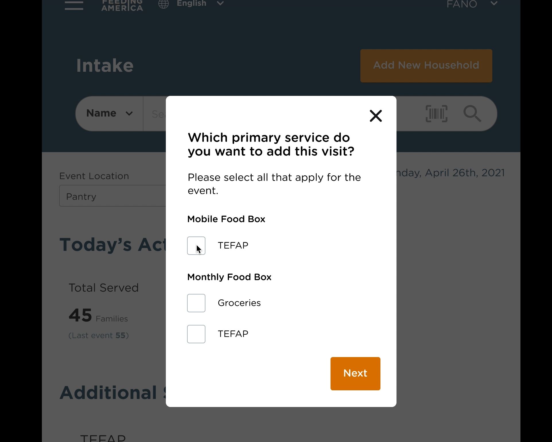 Feeding America service selection interface